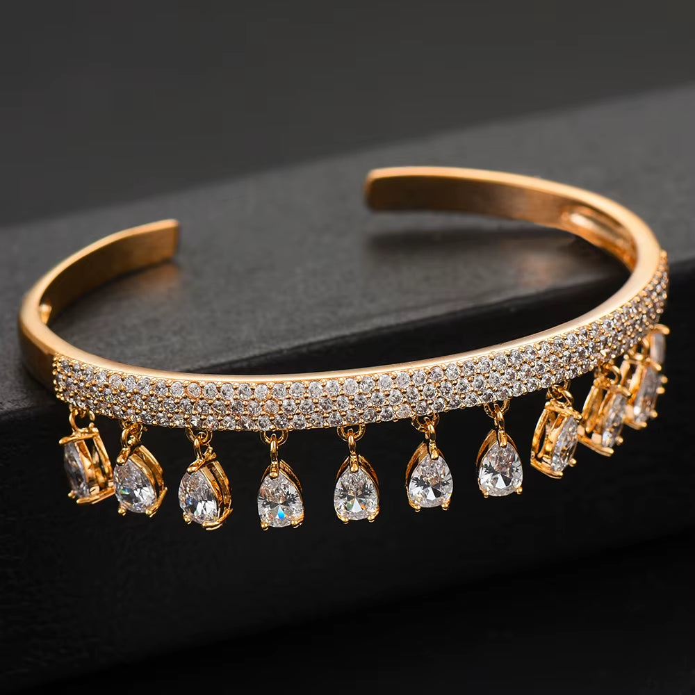 Korea Arabia Bangle Earring Set Jewelry Set for Women Wedding Trendy Cubic Zircon Crystal CZ Aretes De Mujer Modernos 2019