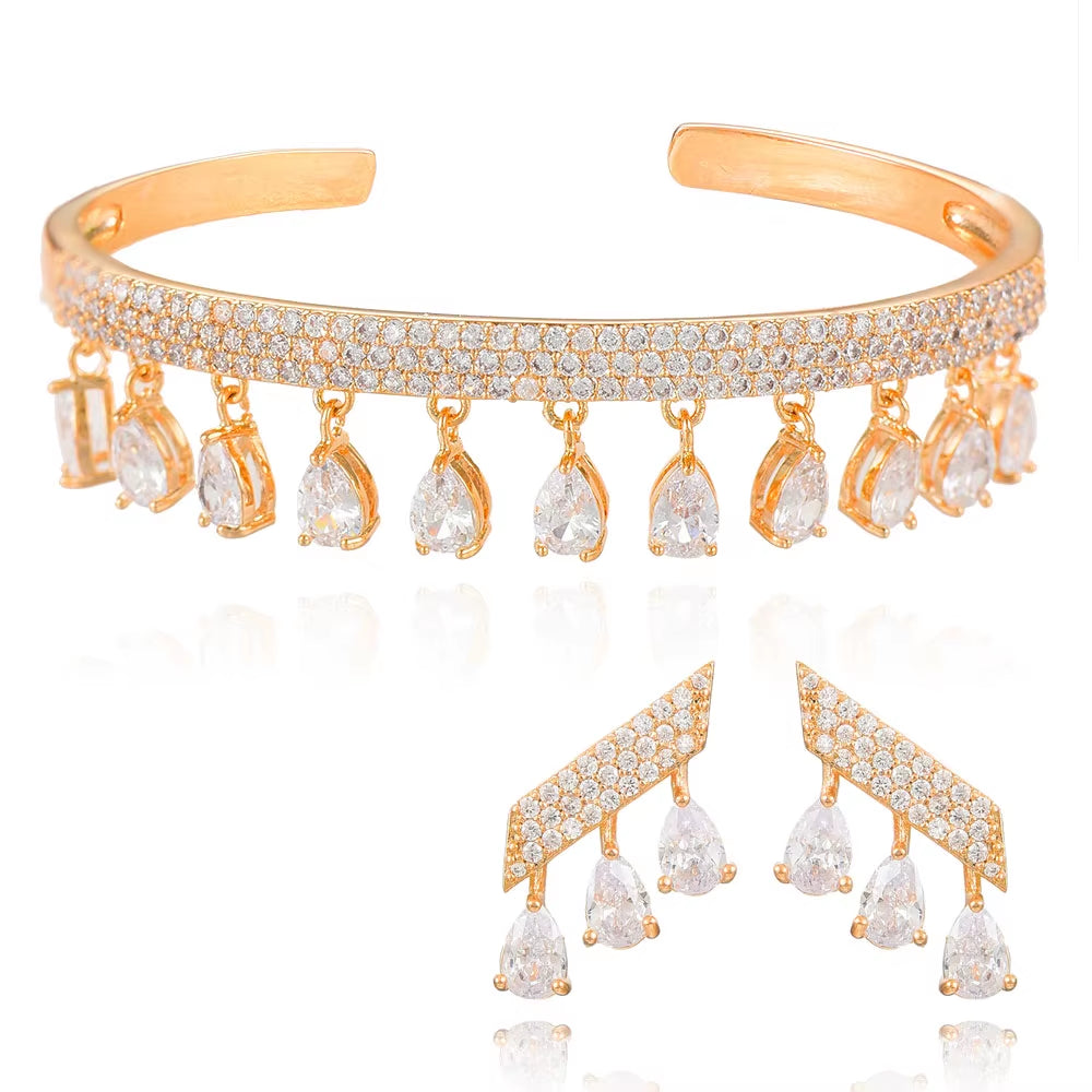 Korea Arabia Bangle Earring Set Jewelry Set for Women Wedding Trendy Cubic Zircon Crystal CZ Aretes De Mujer Modernos 2019