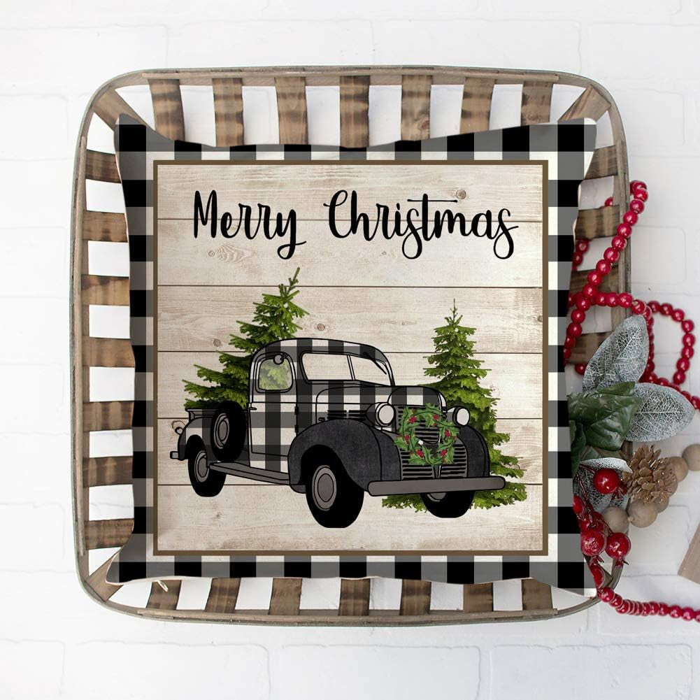 Christmas Buffalo Plaids Pillow Covers Christmas Tree Truck Farmhouse Decor Throw Pillow Case Cushion Cover 18" X 18" 4 Pack Christmas Decorations (Christmas Plaids & Joy)