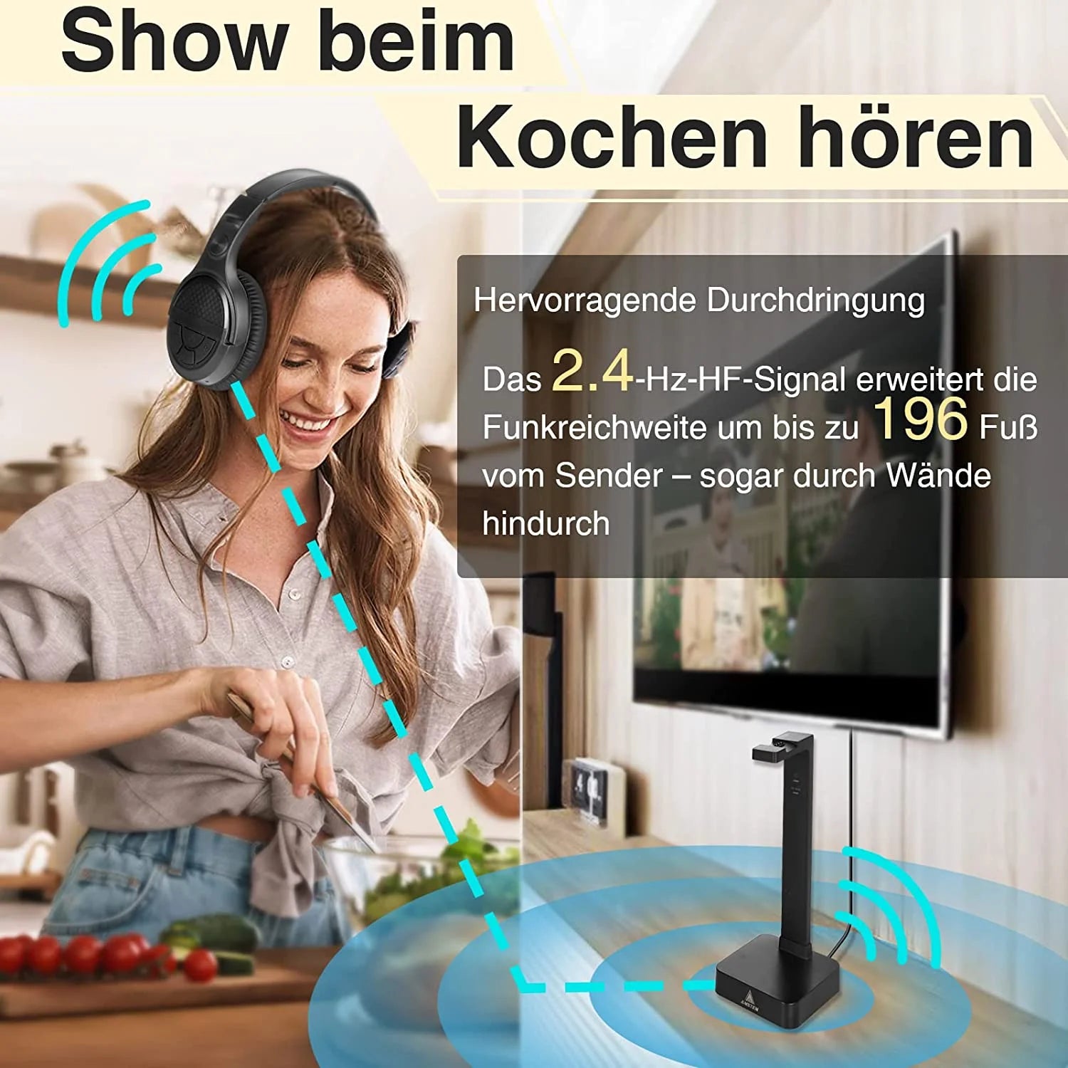 Wireless Headphones for TV, TV Headphones Wireless Over-Ear, Wireless Headphones with 2.4Ghz Digital Transmitter, No Delay, TV Wireless Headphones with Charging Station, Plug and Play