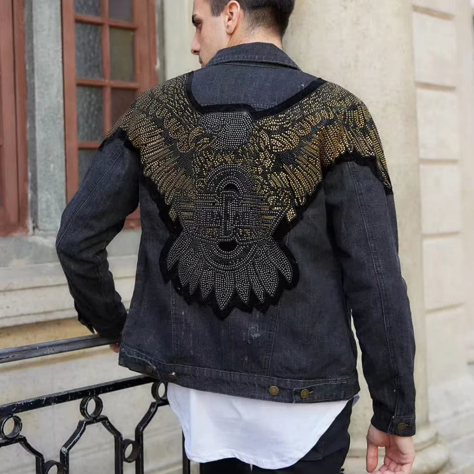 Hip Fashion Men'S Hop Denim Jacket Streetwear Coat Couples Casual Hip Hop Baseball Collar Eagle Printed Broken Hole Jean Jacket