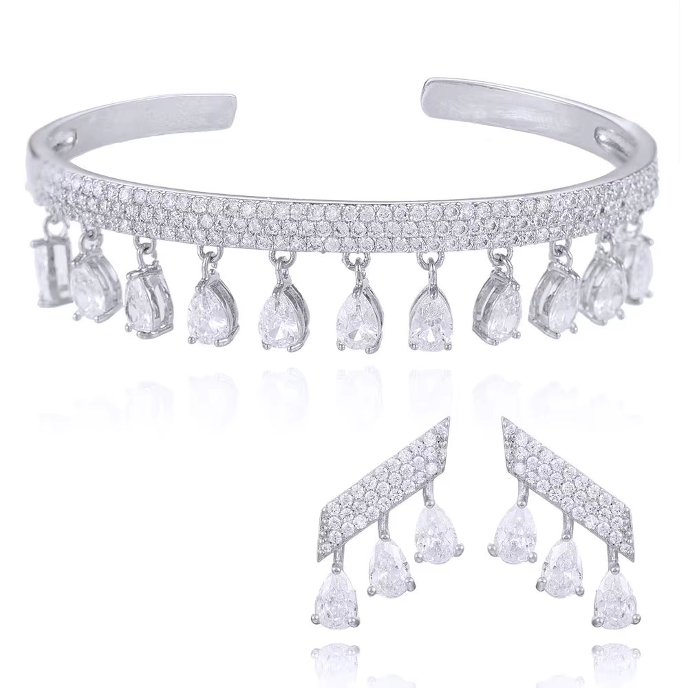 Korea Arabia Bangle Earring Set Jewelry Set for Women Wedding Trendy Cubic Zircon Crystal CZ Aretes De Mujer Modernos 2019