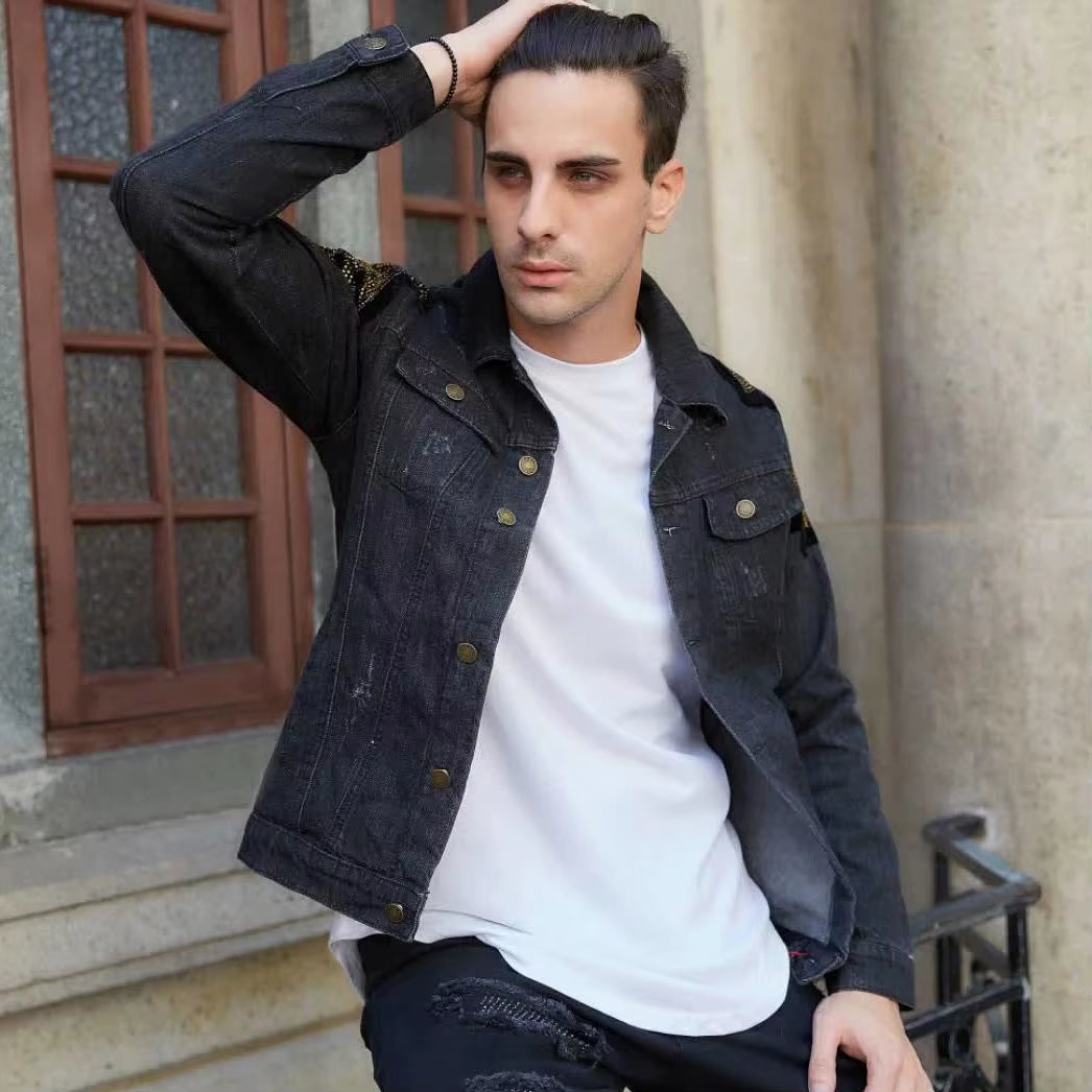 Hip Fashion Men'S Hop Denim Jacket Streetwear Coat Couples Casual Hip Hop Baseball Collar Eagle Printed Broken Hole Jean Jacket