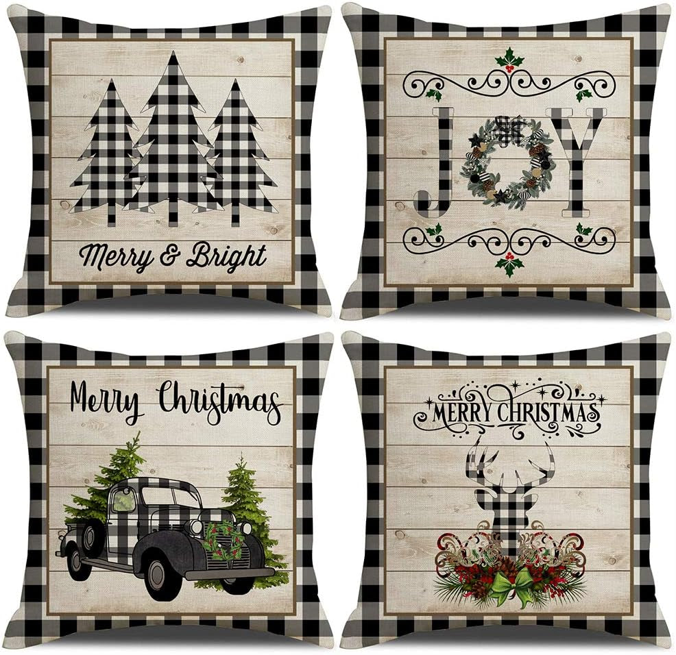 Christmas Buffalo Plaids Pillow Covers Christmas Tree Truck Farmhouse Decor Throw Pillow Case Cushion Cover 18" X 18" 4 Pack Christmas Decorations (Christmas Plaids & Joy)
