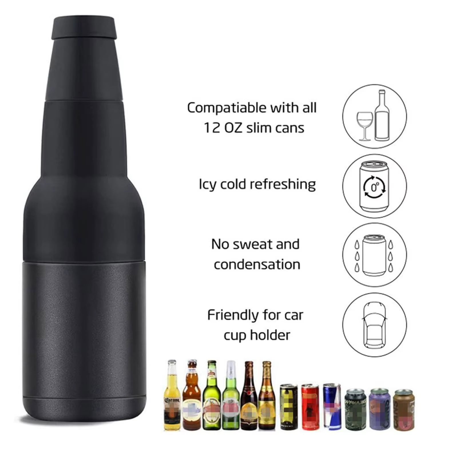 Stainless Steel Beer Drink Can Bottle Holder with Opener 3 in 1 Beer Double Wall Vacuum Insulated Bottle for Beer Can Cooler Bar