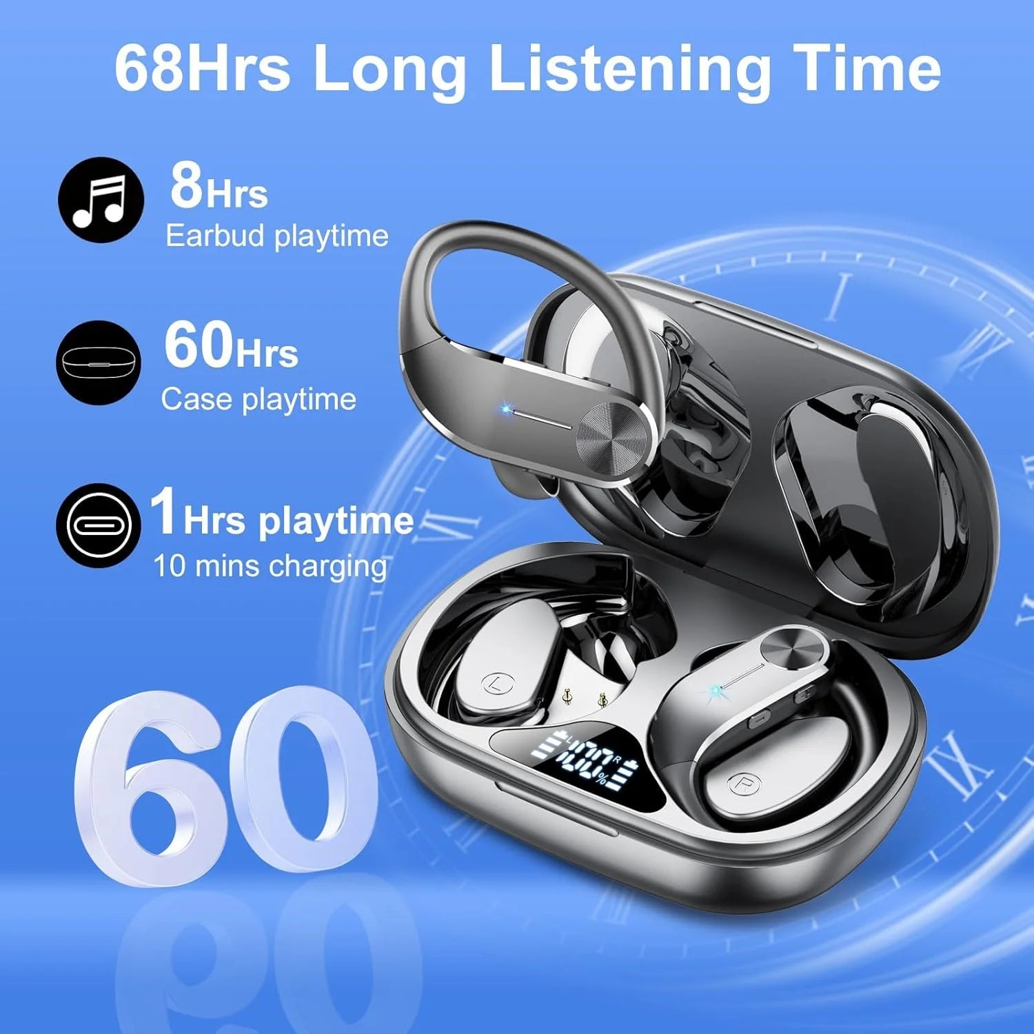Open Ear Earbuds, Bluetooth 5.4 Wireless Earbuds with Ear Hooks, 60Hrs Playtime Bluetooth Headphones, HD Stereo Bass over Ear Earphones, IP8 Waterproof Ear Buds for Workout/Running, Black