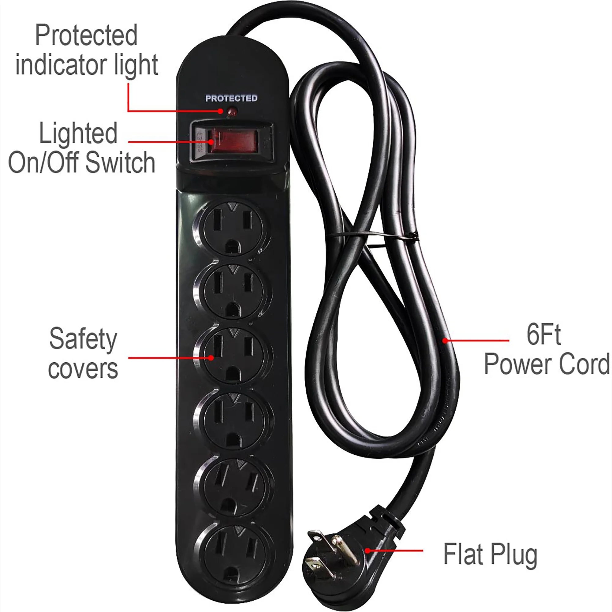 (4 Pack)  6-Outlet Surge Protector with 900-Joule Protection with 6 Feet Power Cord, Glossy Black