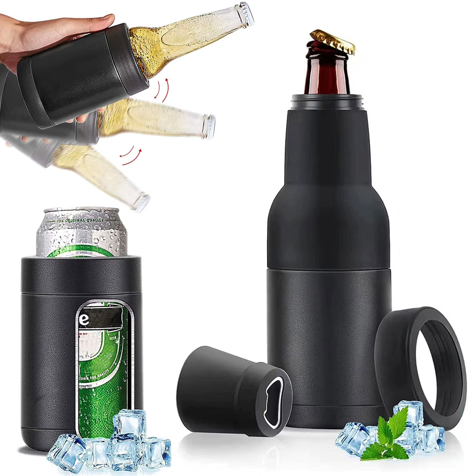 Stainless Steel Beer Drink Can Bottle Holder with Opener 3 in 1 Beer Double Wall Vacuum Insulated Bottle for Beer Can Cooler Bar