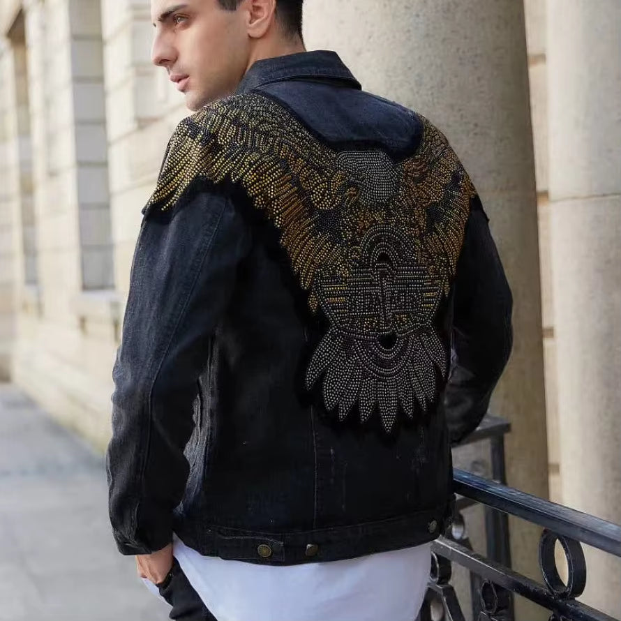 Hip Fashion Men'S Hop Denim Jacket Streetwear Coat Couples Casual Hip Hop Baseball Collar Eagle Printed Broken Hole Jean Jacket
