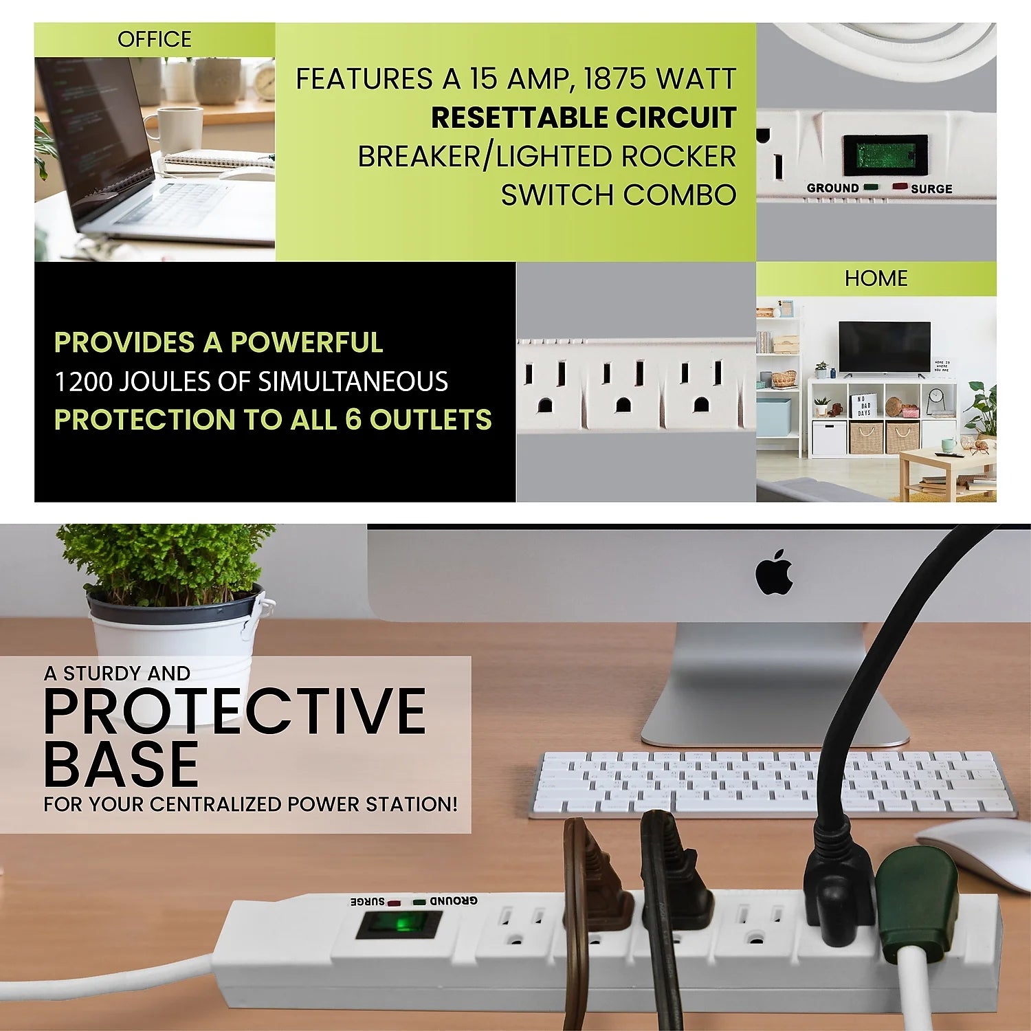 (GG-16315-15) 6 Outlet Surge Protector, 1200 Joules, White, 15 Ft Cord