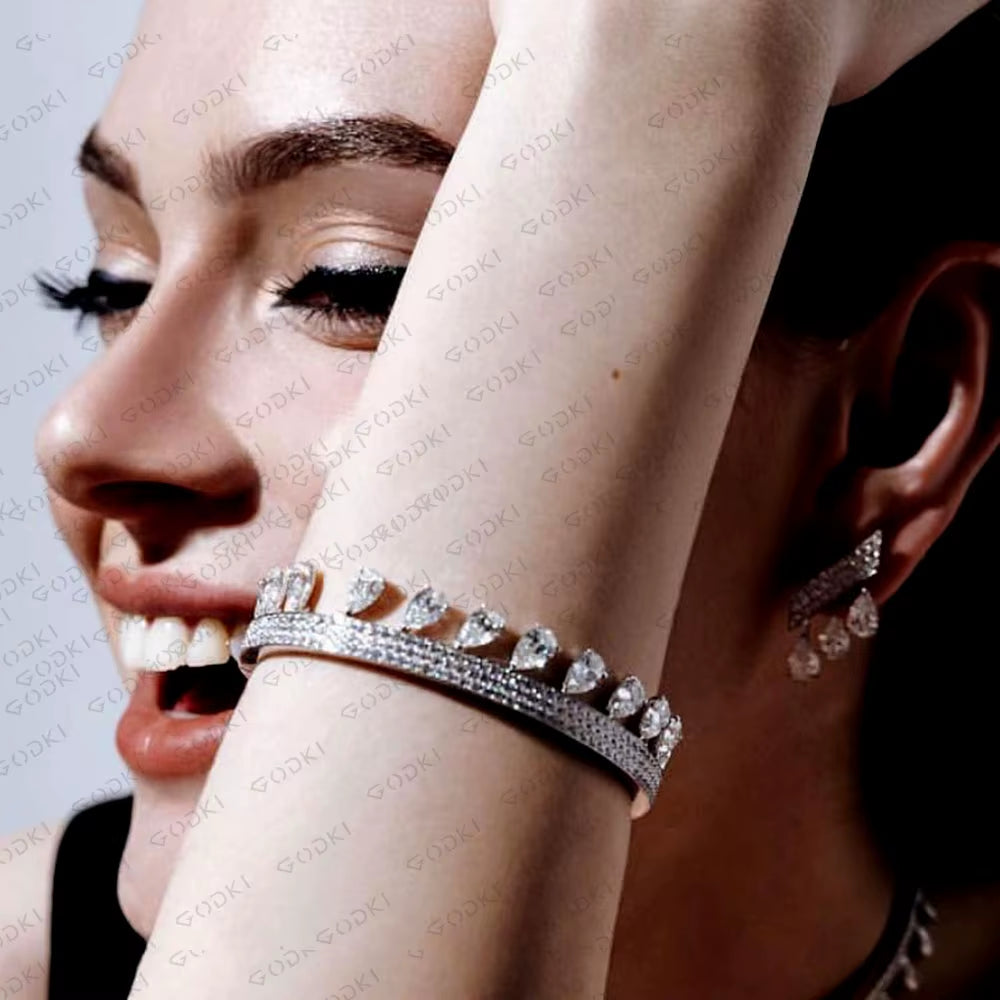 Korea Arabia Bangle Earring Set Jewelry Set for Women Wedding Trendy Cubic Zircon Crystal CZ Aretes De Mujer Modernos 2019