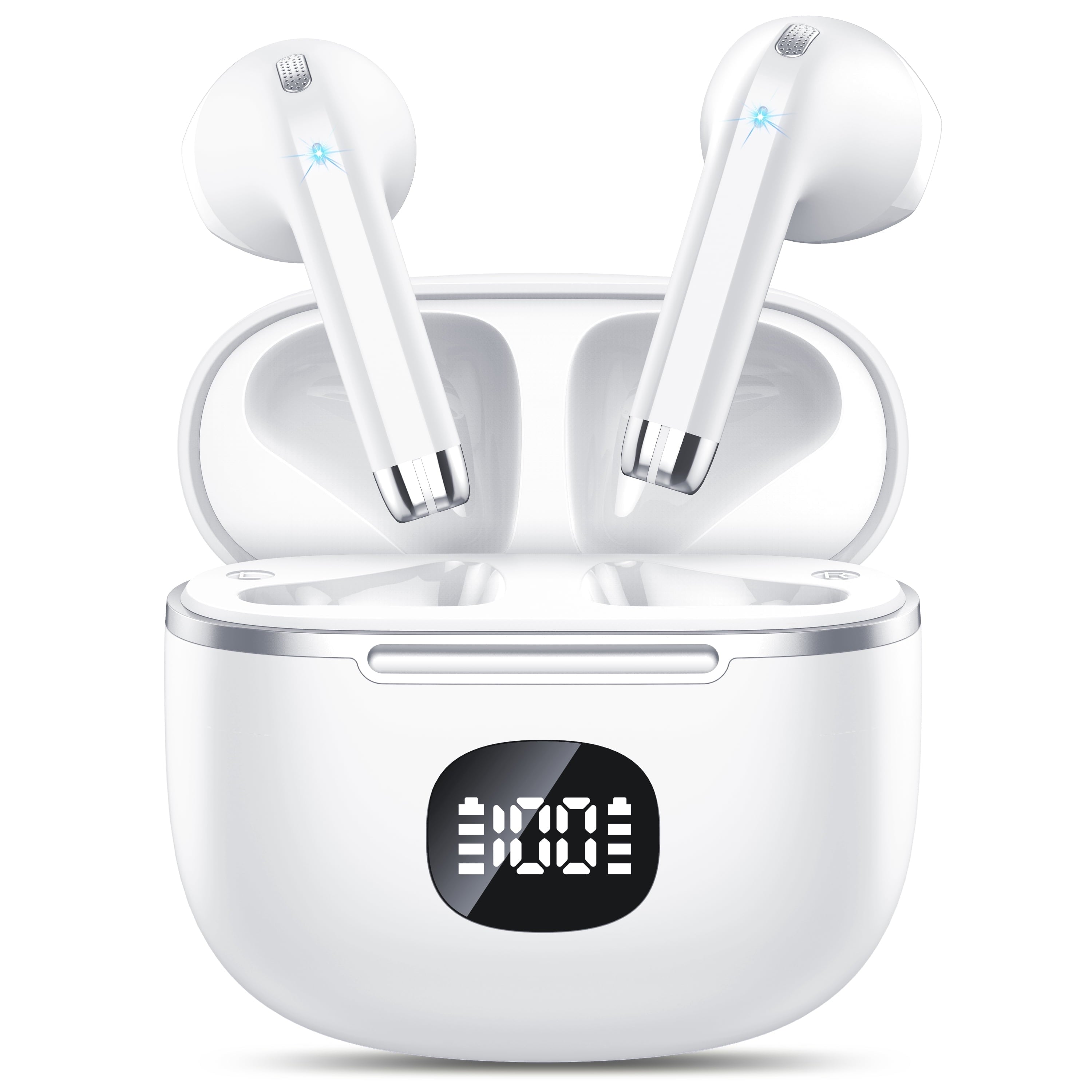 Wireless Earbuds Bluetooth Headphone 60H Deep Bass Loud Sound with 4 Mic Clear Call Ear Buds Noise Cancelling IP7 In-Ear Headphones with Wireless Charging Case Compatible for Iphone Android, White