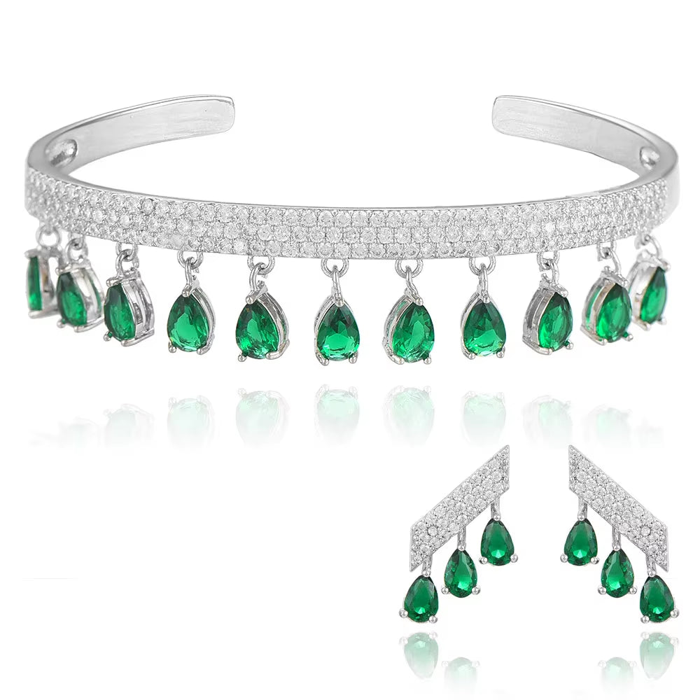 Korea Arabia Bangle Earring Set Jewelry Set for Women Wedding Trendy Cubic Zircon Crystal CZ Aretes De Mujer Modernos 2019