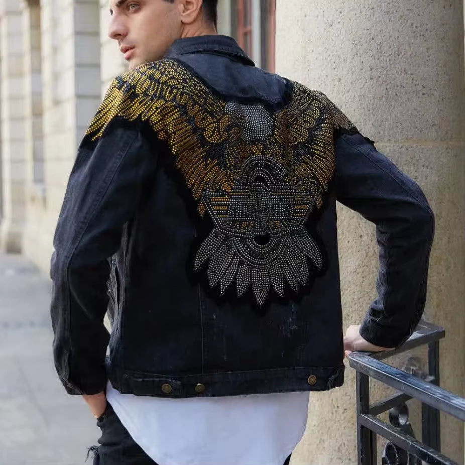 Hip Fashion Men'S Hop Denim Jacket Streetwear Coat Couples Casual Hip Hop Baseball Collar Eagle Printed Broken Hole Jean Jacket