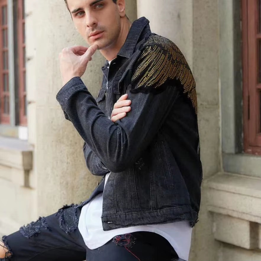 Hip Fashion Men'S Hop Denim Jacket Streetwear Coat Couples Casual Hip Hop Baseball Collar Eagle Printed Broken Hole Jean Jacket