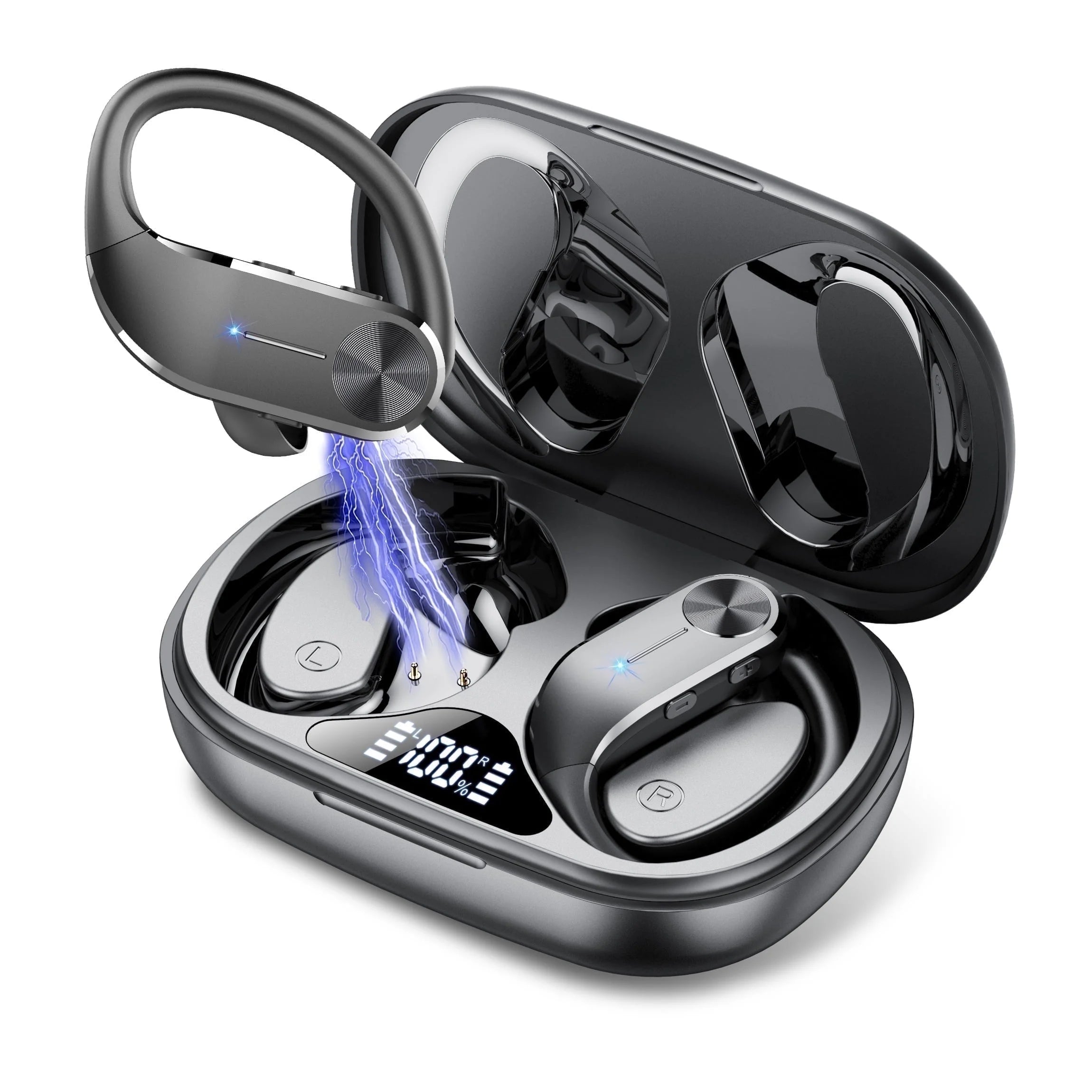 Open Ear Earbuds, Bluetooth 5.4 Wireless Earbuds with Ear Hooks, 60Hrs Playtime Bluetooth Headphones, HD Stereo Bass over Ear Earphones, IP8 Waterproof Ear Buds for Workout/Running, Black