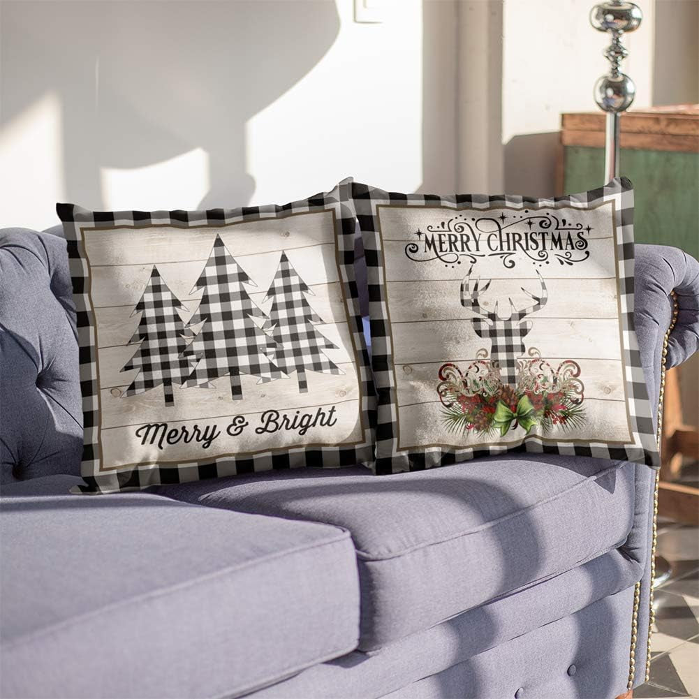 Christmas Buffalo Plaids Pillow Covers Christmas Tree Truck Farmhouse Decor Throw Pillow Case Cushion Cover 18" X 18" 4 Pack Christmas Decorations (Christmas Plaids & Joy)