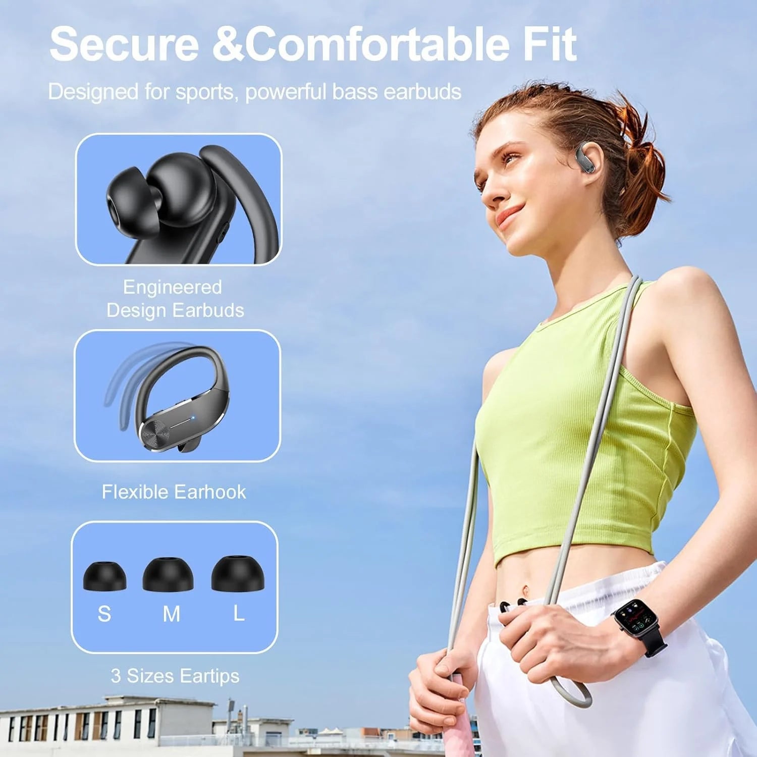 Open Ear Earbuds, Bluetooth 5.4 Wireless Earbuds with Ear Hooks, 60Hrs Playtime Bluetooth Headphones, HD Stereo Bass over Ear Earphones, IP8 Waterproof Ear Buds for Workout/Running, Black