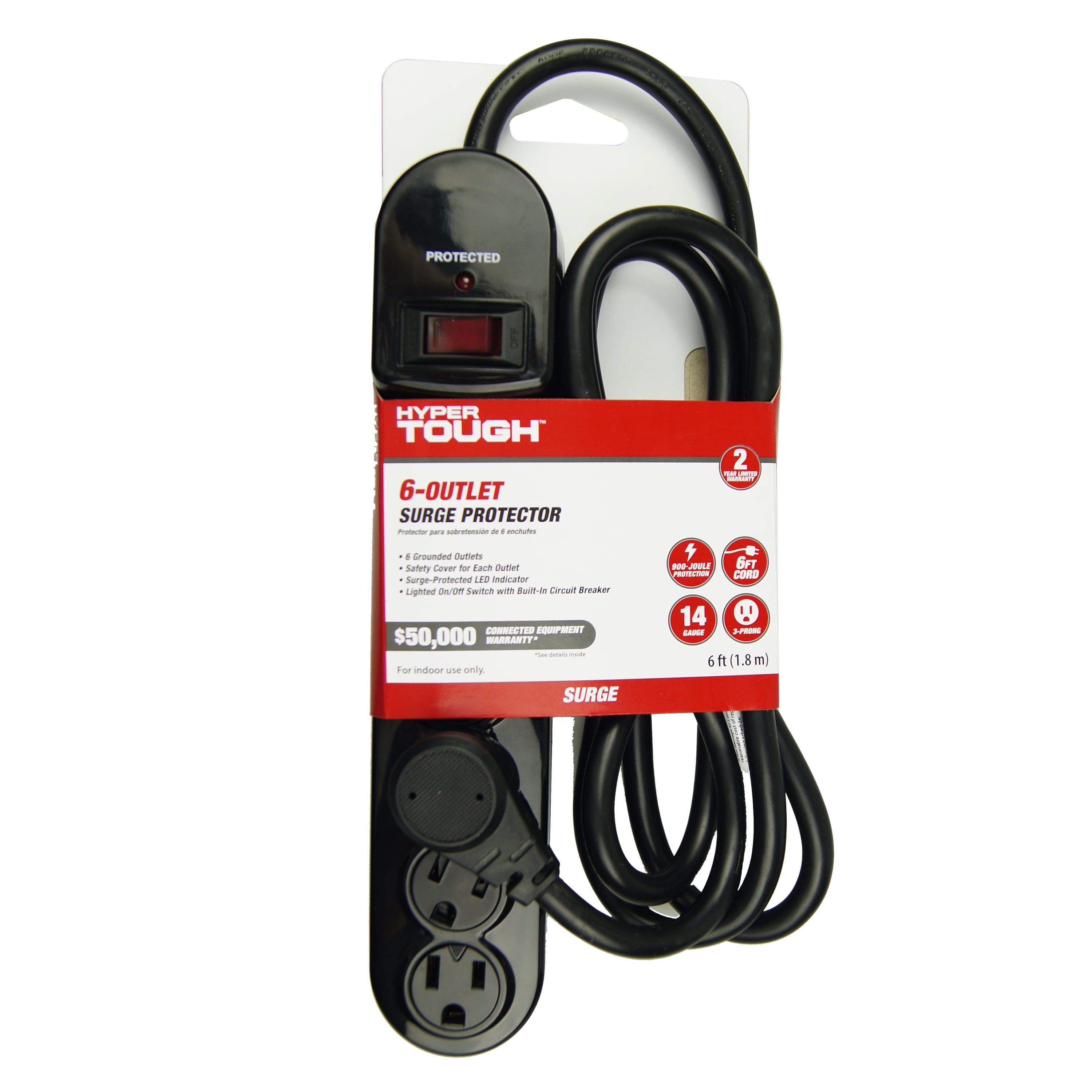 (4 Pack)  6-Outlet Surge Protector with 900-Joule Protection with 6 Feet Power Cord, Glossy Black