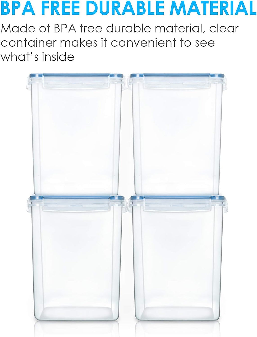 Large Food Storage Containers 5.2L / 175Oz, 4 Pieces BPA Free Plastic Airtight Canisters for Flour, Sugar, Baking Supplies, Rice with Lids, 4 Measuring Cups and 24 Labels, Blue