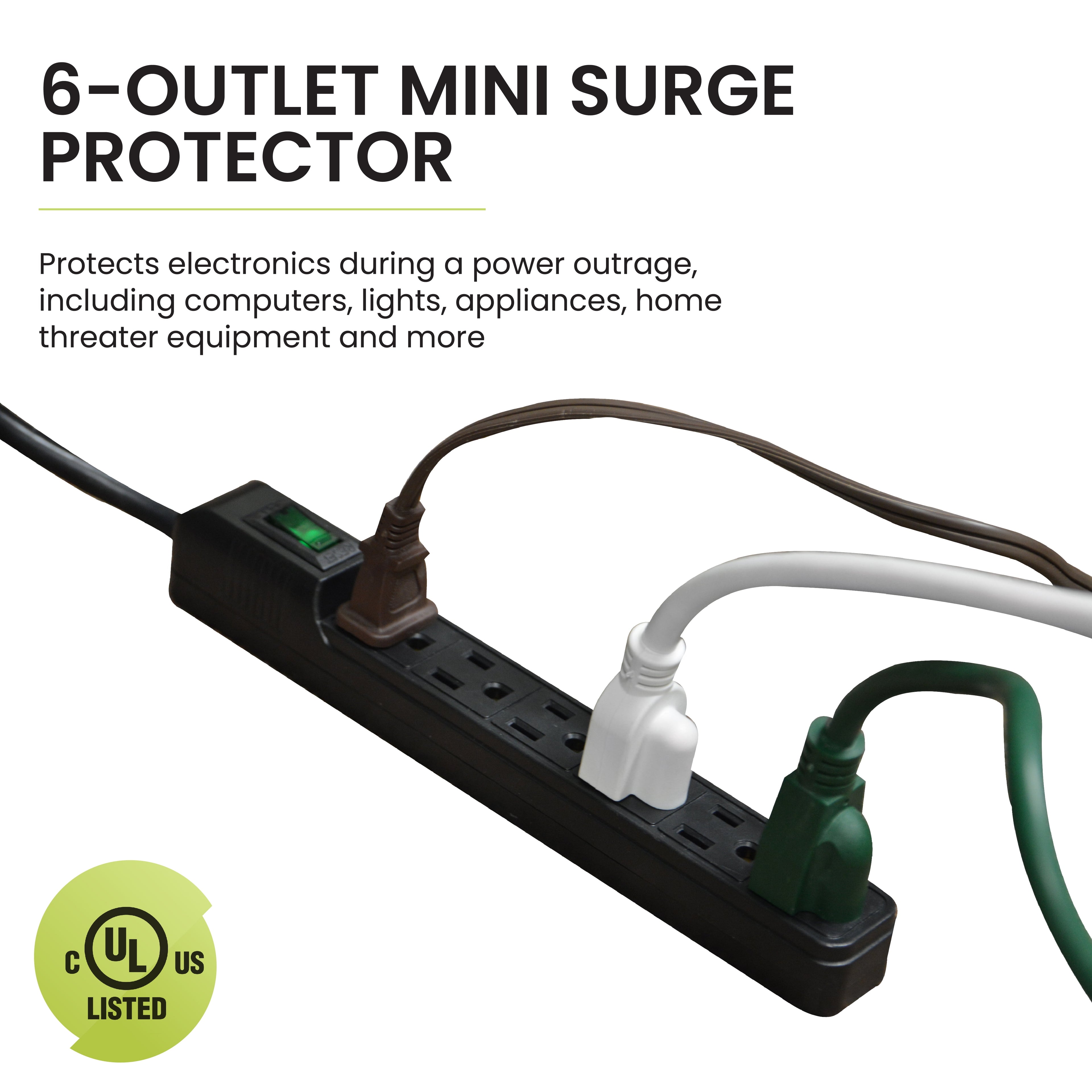 (GG-16103MINBK) 6 Outlet Mini Surge Protector, 90 Joules, Black, 2 Ft Cord