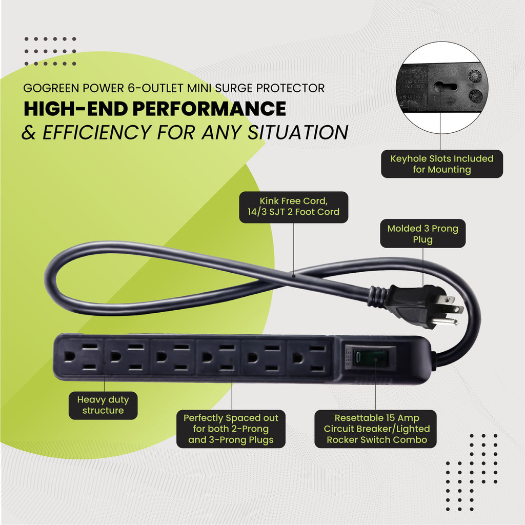(GG-16103MINBK) 6 Outlet Mini Surge Protector, 90 Joules, Black, 2 Ft Cord