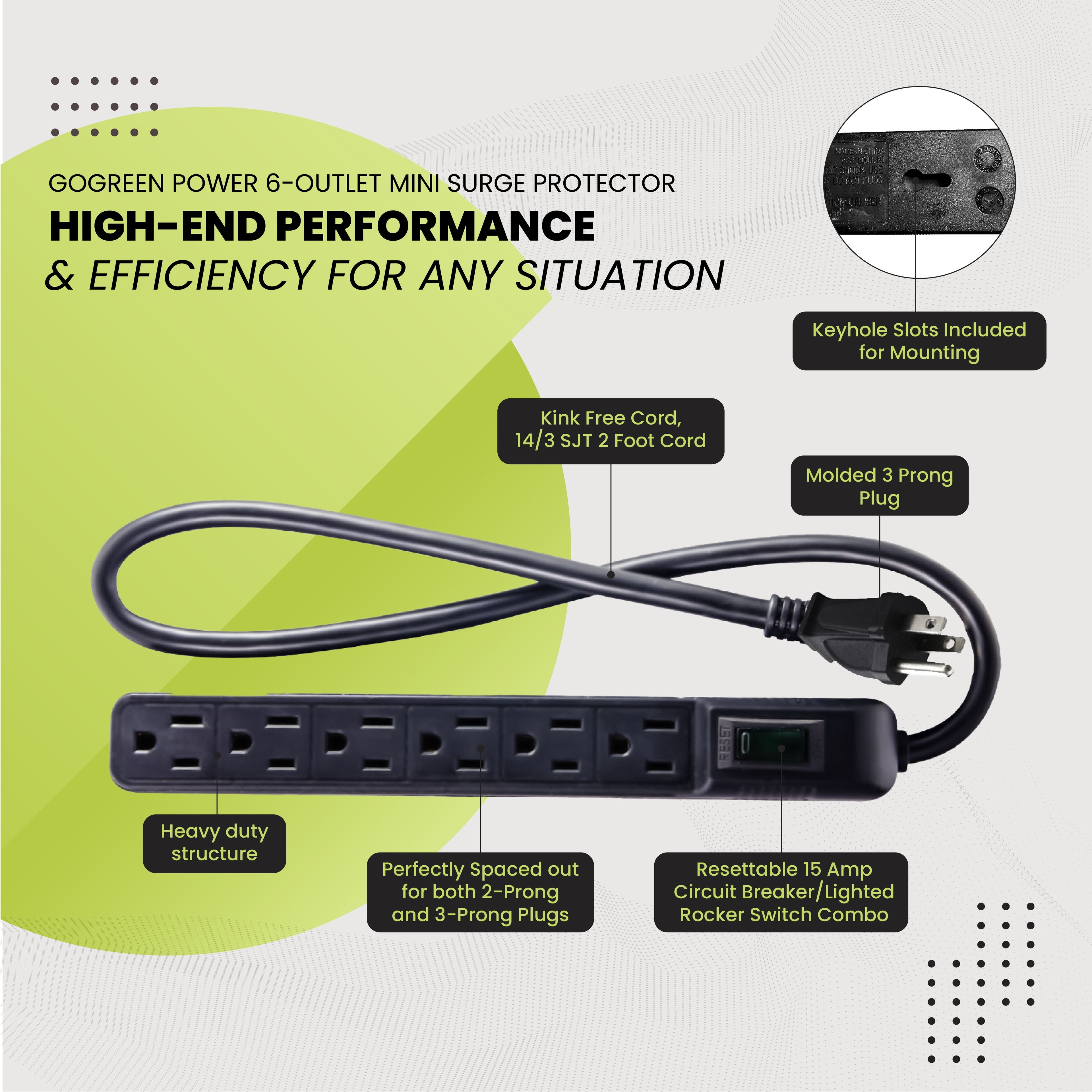 (GG-16103MINBK) 6 Outlet Mini Surge Protector, 90 Joules, Black, 2 Ft Cord