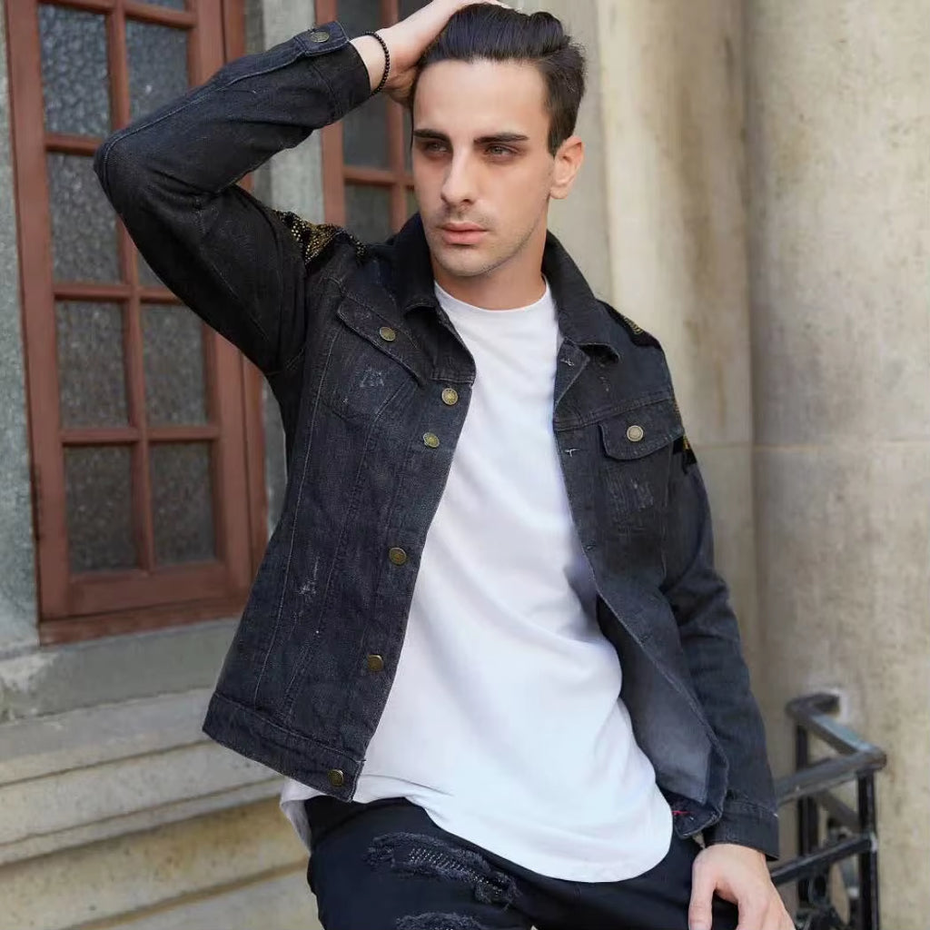 Hip Fashion Men'S Hop Denim Jacket Streetwear Coat Couples Casual Hip Hop Baseball Collar Eagle Printed Broken Hole Jean Jacket