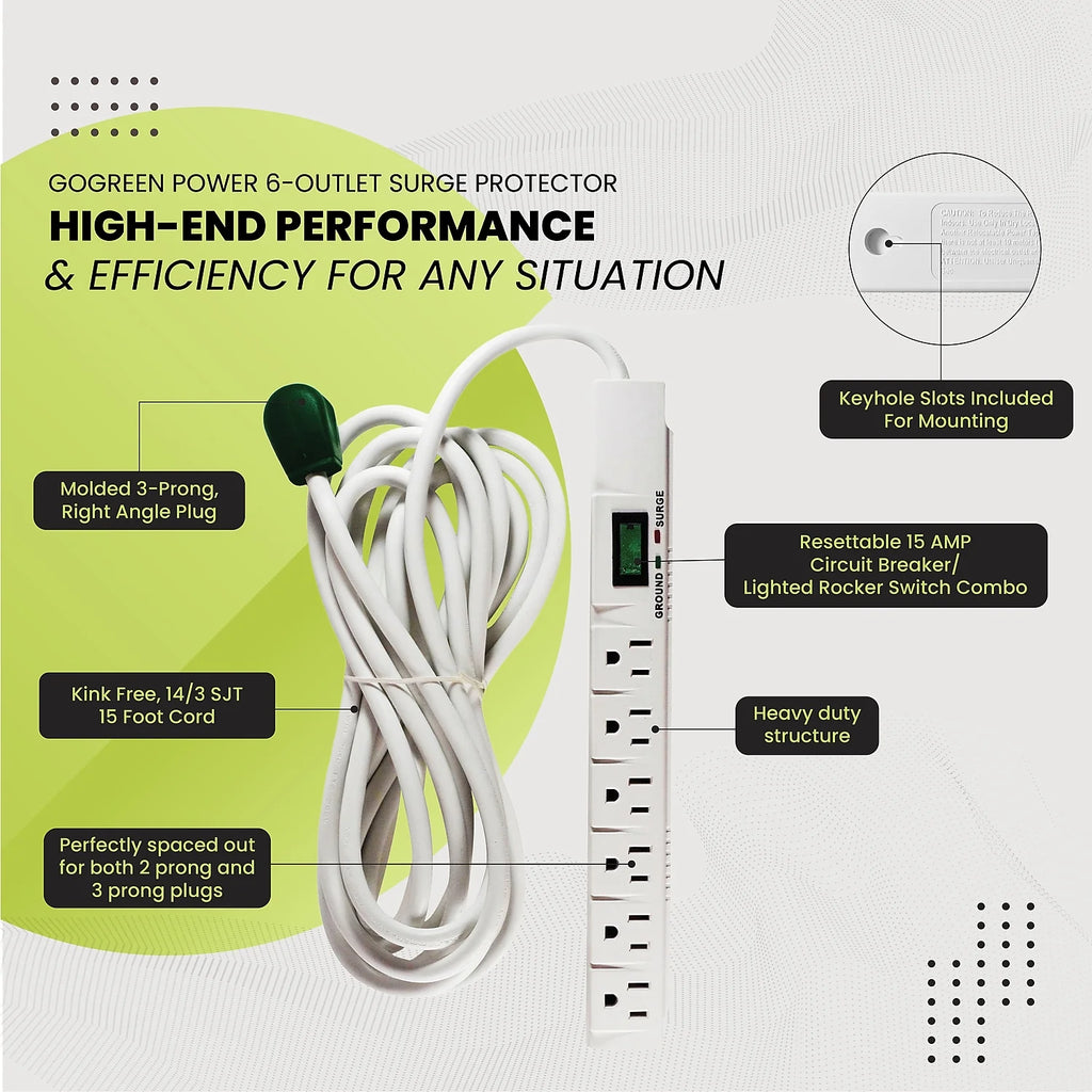 (GG-16315-15) 6 Outlet Surge Protector, 1200 Joules, White, 15 Ft Cord