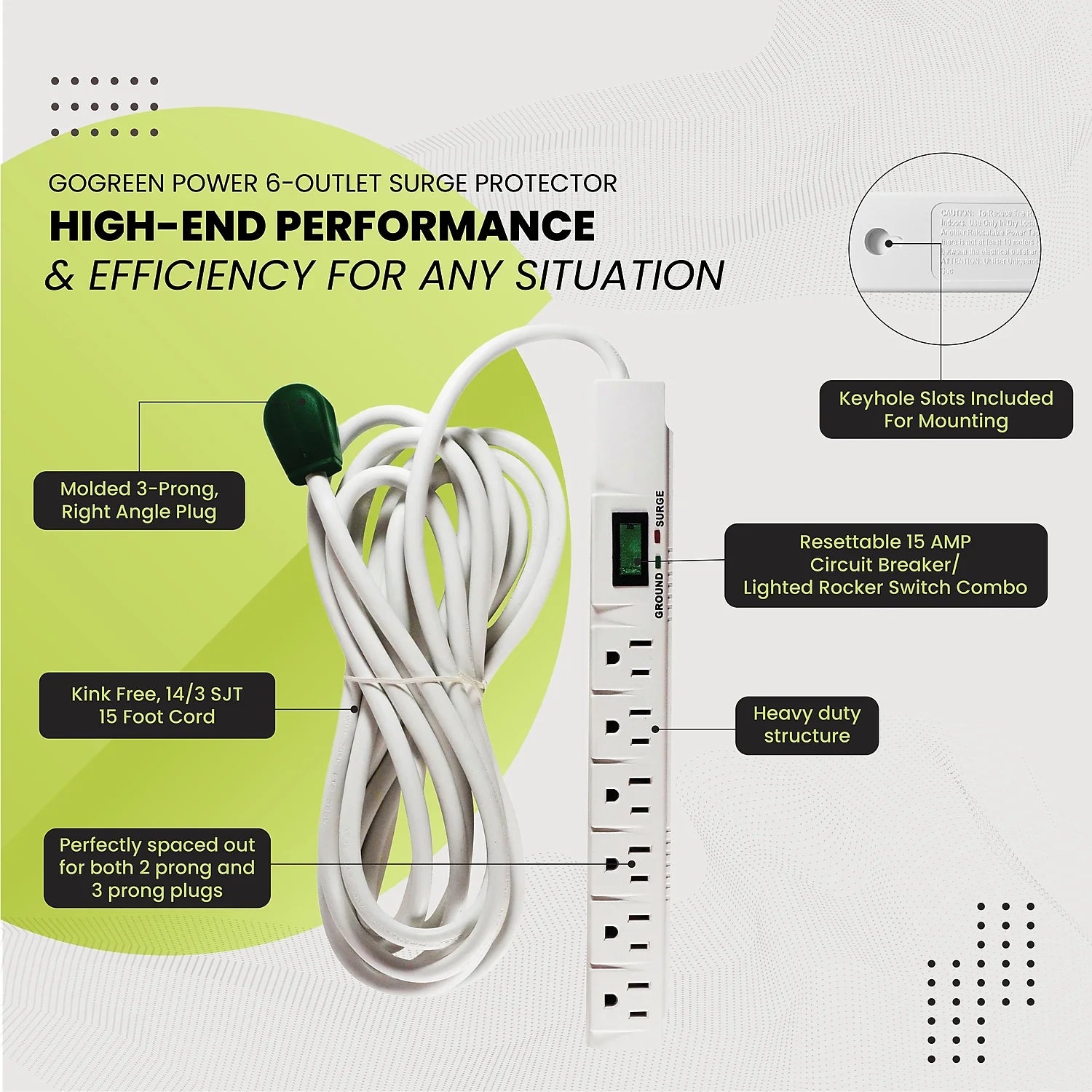 (GG-16315-15) 6 Outlet Surge Protector, 1200 Joules, White, 15 Ft Cord