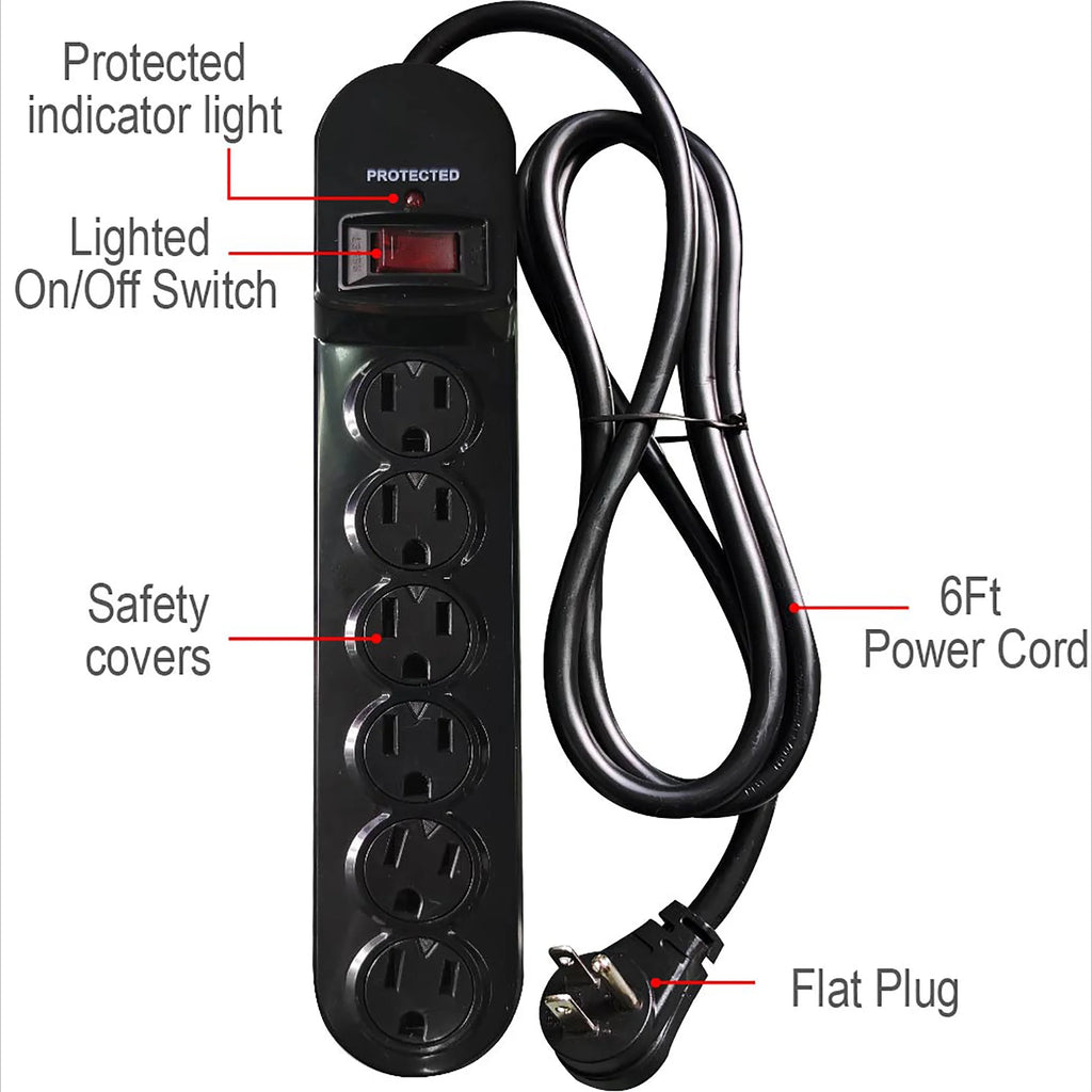 (4 Pack)  6-Outlet Surge Protector with 900-Joule Protection with 6 Feet Power Cord, Glossy Black