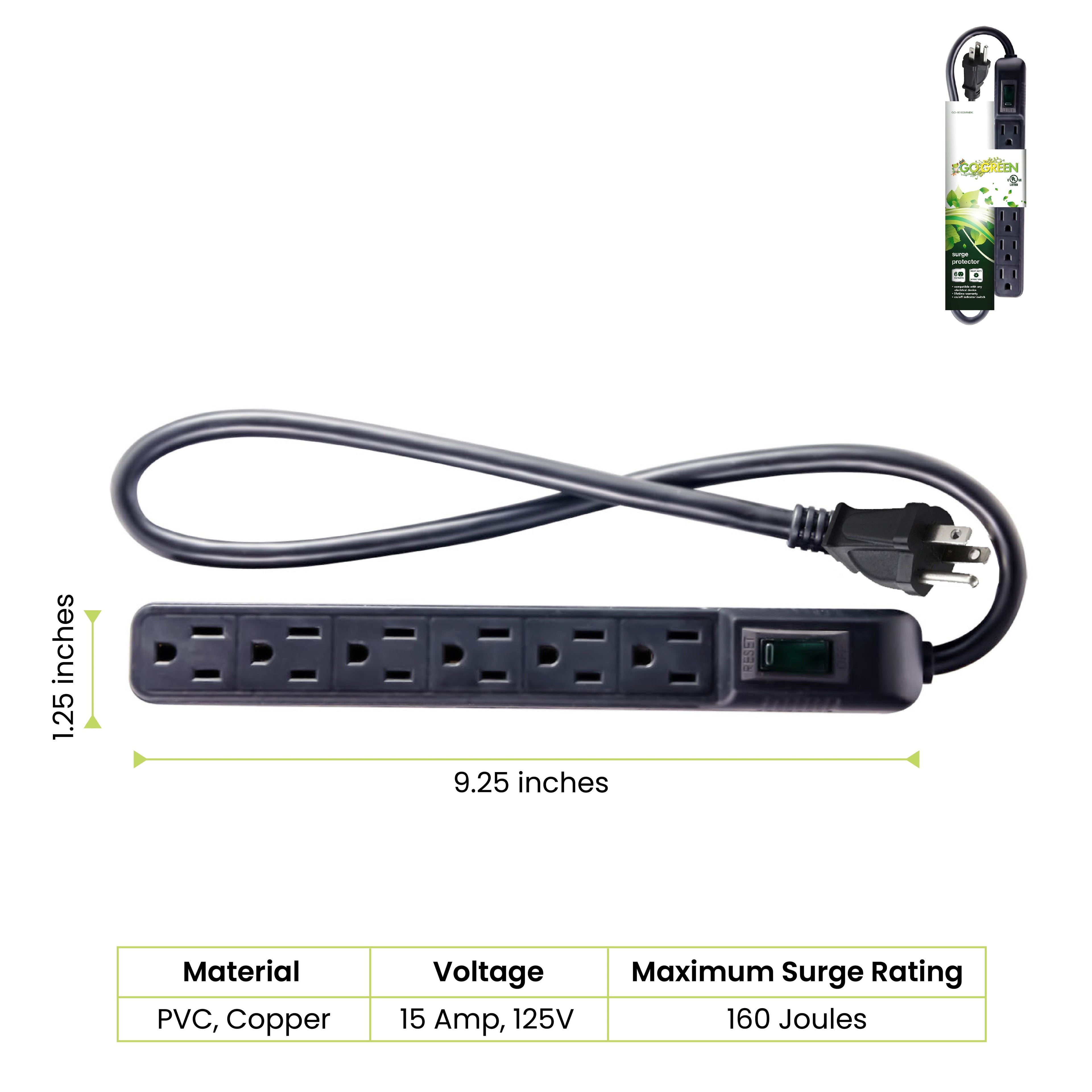 (GG-16103MINBK) 6 Outlet Mini Surge Protector, 90 Joules, Black, 2 Ft Cord